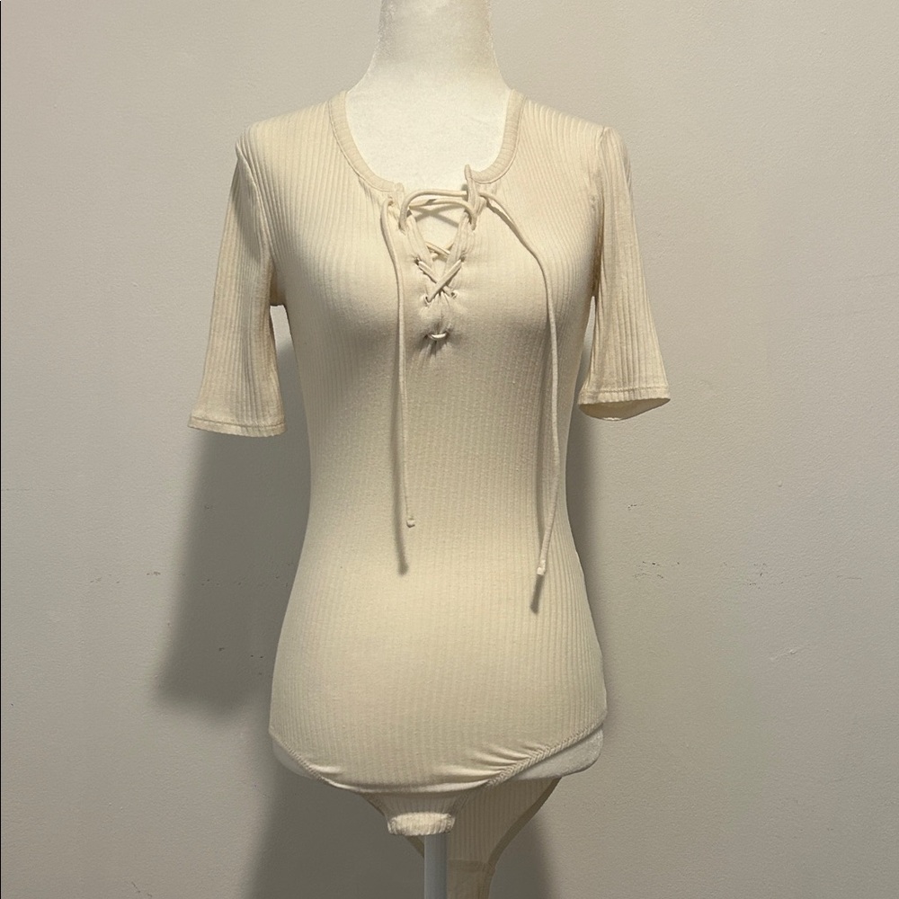 Madewell Cream Lace-Up Ribbed Bodysuit